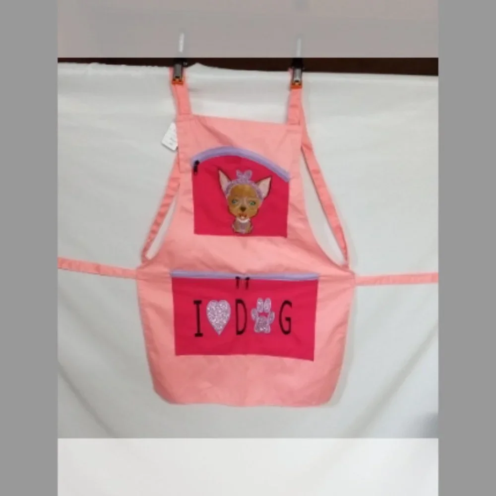 Pink Chihuahua Dog Apron Adult Multi Zipper Pocket Housework (A16)